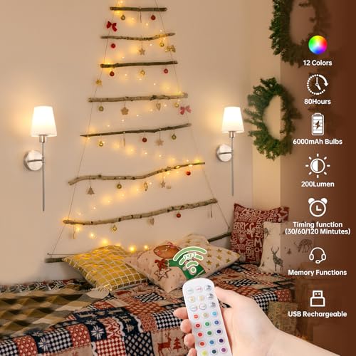 Shenmoyl Battery Operated Wall Sconces Set of 2, 80H Usage Time 22.6" Rechargeable Wall Light with Dimmable Bulb, 12 Colors Wall Sconce for Bedroom Living Room, Silver - color: Nickel