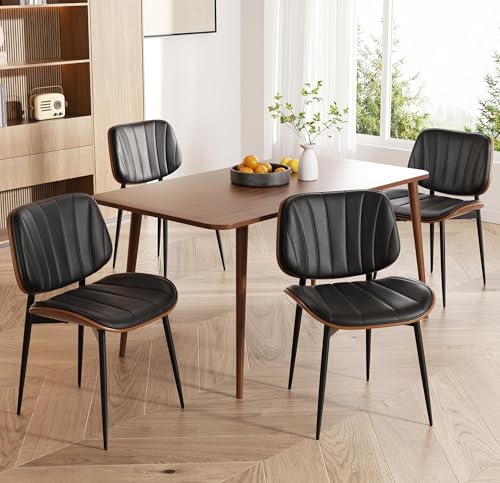 Dining Chairs Set of 2, Mid Century Modern Dining Room Chair, Upholstered Faux Leather Kitchen Chairs with Walnut Bentwood Back and Metal Legs for Kitchen Dining Room Living Room, Black - color: Black, size: Set of 2