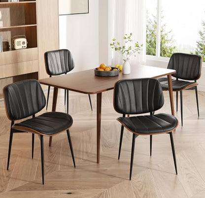 Dining Chairs Set of 2, Mid Century Modern Dining Room Chair, Upholstered Faux Leather Kitchen Chairs with Walnut Bentwood Back and Metal Legs for Kitchen Dining Room Living Room, Black - color: Black, size: Set of 2