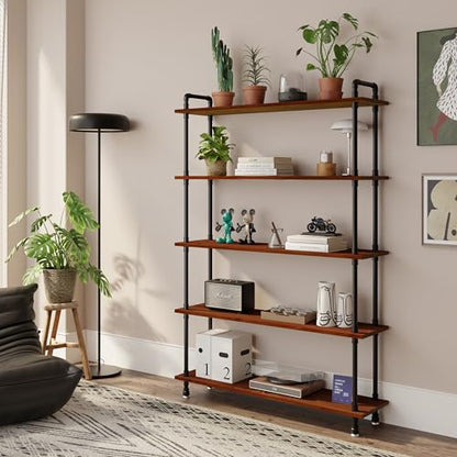 Industrial Bookshelf, Pipe Shelf Bookcase, 5 Tier, 48" Walnut | Solid pine shelves, 48 inch wide, black pipe frame, 50 lbs per shelf, open bookcase for books, plants, office - color: Walnut Brown, size: 48"L × 70"H