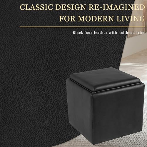 HomePop 17.5" Storage Ottoman with Tray Top - Black Faux Leather - color: Black Faux Leather