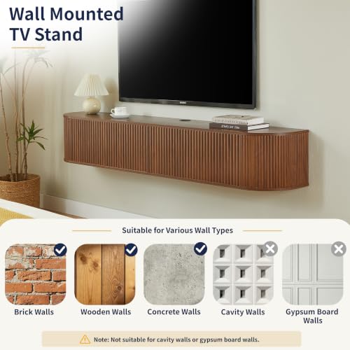 LUMISOL 71” Wall Mounted Floating TV Cabinet with Fluted Doors, Media Console with Cable Management Holes for Living Room, Bedroom, Walnut - size: 70.87"L x 12.6"W x 11.81"H