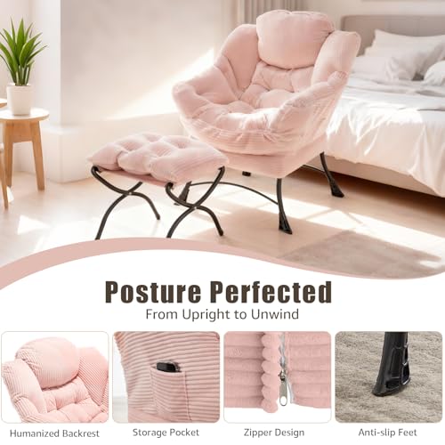 Lazy Chair with Ottoman, Modern Skinny Lounge Chair with Footrest | Foldable Footrest, Padded & Backrest with Side Pocket, Comfy Accent Reading Chair for Living Room & Small Spaces, Pink - color: Pink