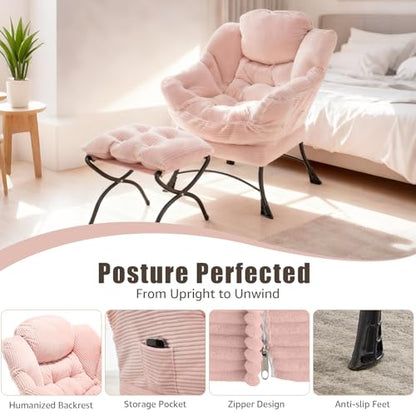 Lazy Chair with Ottoman, Modern Skinny Lounge Chair with Footrest | Foldable Footrest, Padded & Backrest with Side Pocket, Comfy Accent Reading Chair for Living Room & Small Spaces, Pink - color: Pink