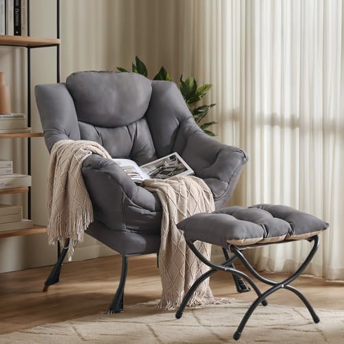 Lazy Chair with Ottoman, Soft Comfy Chair for Bedroom, Grey | Reading Accent Lounge Chair with folding Foot Stool for Living Room Dorm Apartment, sturdy metal frame - color: Dark Grey