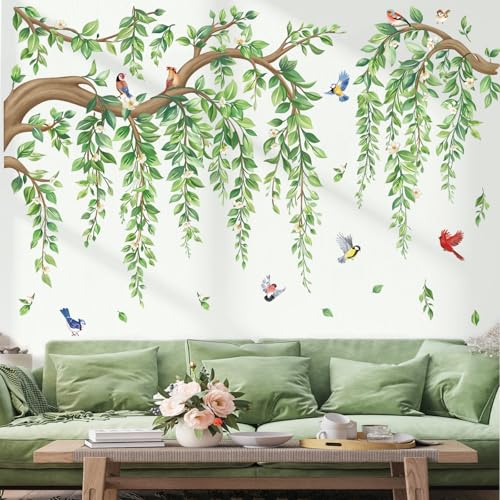 wondever Tree Branch Wall Decals Hanging Green Leaves Wall Stickers (XL) | Peel and Stick, Removable, Wall Art Decals, Wall Decoration, Living Room Bedroom, Office Sofa TV Home Wall Decor