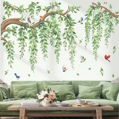 wondever Tree Branch Wall Decals Hanging Green Leaves Wall Stickers (XL) | Peel and Stick, Removable, Wall Art Decals, Wall Decoration, Living Room Bedroom, Office Sofa TV Home Wall Decor