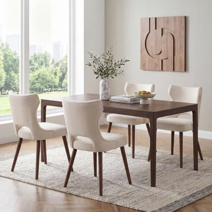 Wooden Dining Chairs Set of 4, Mid Century Dining Room Chairs with Solid Wood Legs, Upholstered Fabric Kitchen Chairs with Ergonomic Curved Backrest for Kitchen Dining Room, Beige - color: Beige, size: Set of 4