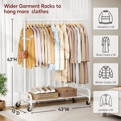 SLEEPING LAMB Heavy Duty Clothes Racks for Hanging Clothing Rack, 43" Wide Rolling Garment Rack Metal Wardrobe Rack with Wheels Closet Hanger Rack for Coats, Shirts, Dress, (White) - color: White, style: Single Rod