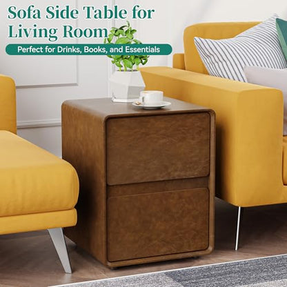 15.8" W Faux Leather Narrow Nightstand, Modern Fully-Assembled Bedside Table with 2 Drawers, Wood Night Stand Small Accent End Table & Side Table for Bedroom, Brown - color: Brown, size: 16in