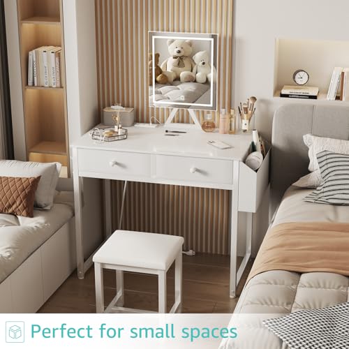 Lufeiya Small Makeup Vanity Desk with Fabric Drawers, 32 inch White Vanity Desks with Mirror and Light, Dressing Table and Chair Set with Power Outlet for Girls Bedroom, White - style: White