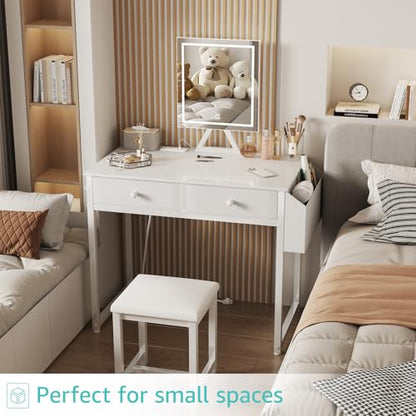 Lufeiya Small Makeup Vanity Desk with Fabric Drawers, 32 inch White Vanity Desks with Mirror and Light, Dressing Table and Chair Set with Power Outlet for Girls Bedroom, White - style: White