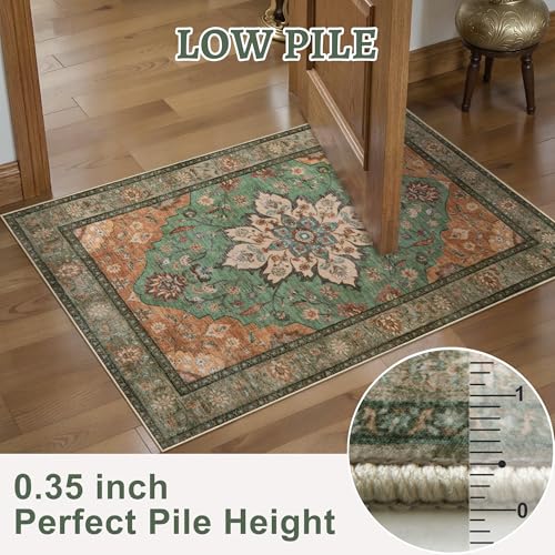Tangsoo 2x3 Washable Rugs for Entryway, Vintage Non Slip Small Area Rug | Oriental Indoor Front Door Rug Mat, Soft Low Pile Print Small Carpet Throw Rugs for Entry Entrance Kitchen Bedroom Tan/Green - color: Tan/Green, size: 2' X 3' (Rectangular)