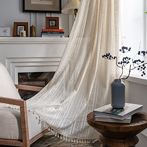 Sutuo Home Boho Curtain Crochet Lace Semi-Sheer Florals Hollow Knitted Handmade Tassels, Rod Pocket Window Treatment Vintage Rustic Farmhouse Drapes for Living Bedroom, 1 Panel 59" W x 63" L, Beige - color: Beige Floral Crochet, size: 59"W x 63"L (Pack of