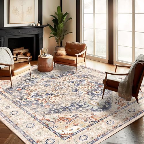 CHAMPLANT Washable Area Rug 8'x10' Blue Khaki Retro Boho Design Non-Shedding Non-Slip Easy Care Ideal for High Traffic Areas in Living Room Bedroom Office Coffee Table Kitchen Large Carpet - color: Blue Khaki, size: 8' x 10' (Rectangular)