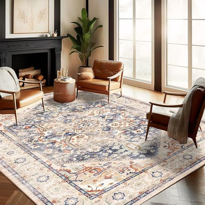 CHAMPLANT Washable Area Rug 8'x10' Blue Khaki Retro Boho Design Non-Shedding Non-Slip Easy Care Ideal for High Traffic Areas in Living Room Bedroom Office Coffee Table Kitchen Large Carpet - color: Blue Khaki, size: 8' x 10' (Rectangular)