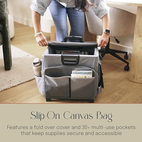 Folding Mobile Utility Cart, Canvas Organizer Bag, Dark Grey/Grey | Durable plastic, 30 compartments, adjustable handle, 40 lb capacity, collapses to 3" thick, rolling wheels for easy transport - color: Dark Grey/Grey