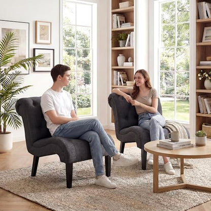 Accent Chairs Set of 2 Upholstered Living Room Bedroom Side Chairs Curved Button Tufted Armless Lounge Chair with Wood Legs Gray Fabric - color: Grey, size: 2 Chairs