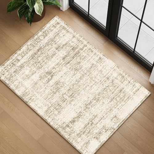 3x5 Beige Washable Area Rugs for Living Room, Neutral Boho Carpet | Low Pile Carpet with Non-slip Gripper Pads,Waterproof,Soft,Indoor,Modern Abstract Style,Suitable for Bathroom,Bedroom,Kitchen - color: Beige, size: 3' X 5' (Rectangular)