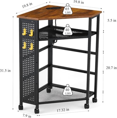 Corner Table with Charging Station, 3-Tier Corner Shelf Stand with Metal DIY Panel, Rolling Storage Table on Detachable Wheels for Kitchen, Living Room, Small Space, Rustic Brown