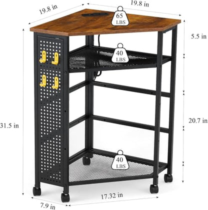 Corner Table with Charging Station, 3-Tier Corner Shelf Stand with Metal DIY Panel, Rolling Storage Table on Detachable Wheels for Kitchen, Living Room, Small Space, Rustic Brown