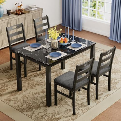 PHI VILLA Dining Table Set for 4, Marble Design Kitchen Table and Chairs | Marble Tabletop, Solid Rubber Wood, Padded Cushion Chairs, Space Saving, Easy Assembly, Black Marble& Gray - color: Venatino Black Marble&gray