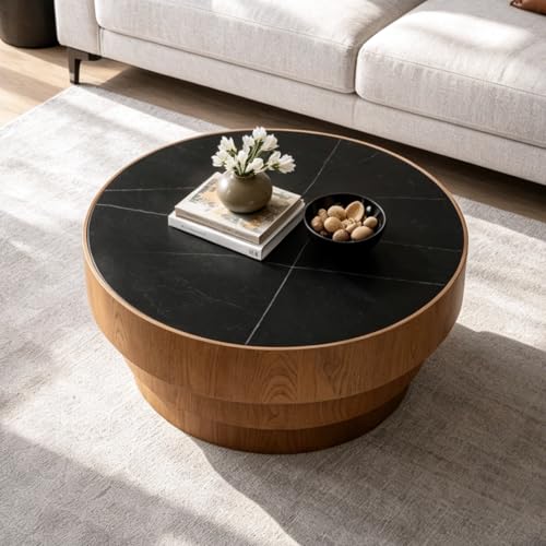 31.5" Round Black Sintered Stone Coffee Table, Mid-Century Modern Marble Coffee Table with Stable Wood Pedestal Base, Circle Drum Cocktail Center Tea Tables for Living Room Bedroom Apartment - color: Black