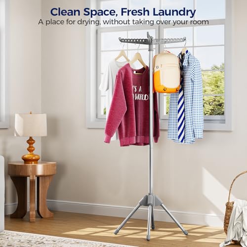 KINGBOARD Clothes Drying Rack, 59" H Laundry Drying Rack, 3 Rotatable Arms | 360° Rotatable Arms, 27 Hanger Holes, Stainless Steel, Tool-Free Setup, Portable for Travel & Small Home, Indoor, 27lbs Hold - size: 1 Tier