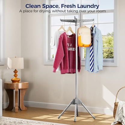 KINGBOARD Clothes Drying Rack, 59" H Laundry Drying Rack, 3 Rotatable Arms | 360° Rotatable Arms, 27 Hanger Holes, Stainless Steel, Tool-Free Setup, Portable for Travel & Small Home, Indoor, 27lbs Hold - size: 1 Tier