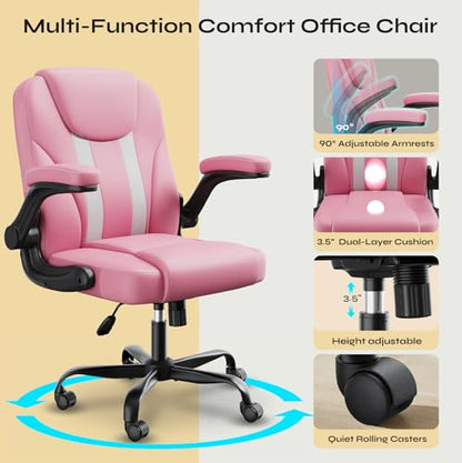 Ergonomic Office Chair, Mid Back Executive PU Leather Desk Chair with 3.5" Dual-Layer Cushion, Flip-up Armrests, Swivel Rolling Wheels, Adjustable Height, Pink - color: Pink