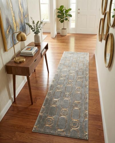 Rugs.com - Vogue Geo Rug – 8 Ft Runner Gray and Gold High-Pile Textured Rug – Modern Geometric Design for Hallways, Entryways, and Bedrooms - color: Gray and Gold, size: 2' x 8' (Runner)
