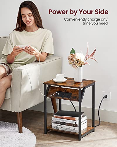 VASAGLE End Table with Charging Station, Small Side Table for Living Room, Bedroom, Nightstand with Outlets and USB Ports, Bedside Table with Storage Shelf, Rustic Brown and Black | End Table for Living Room, Bedroom, Nightstand with Storage Shelf, Rustic