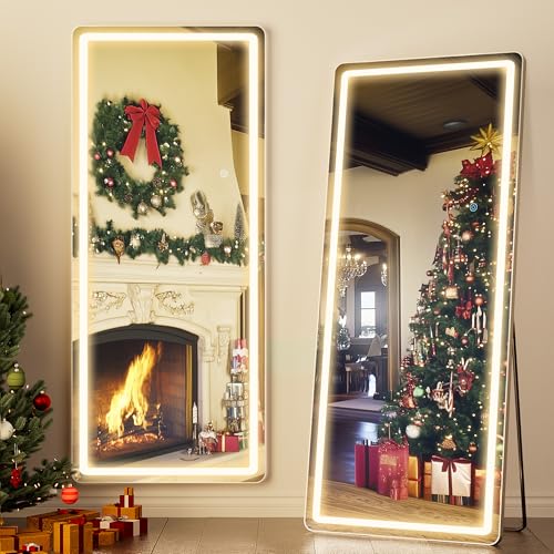 Antok LED Full Length Mirror with Light, 71"x28" Lighted Full Body Mirror with Stand, Dimmable & 3 Color Lighting Standing/Leaning/Wall Mounted Vanity Mirror for Bedroom Cloakroom Livingroom(Rect) - size: 71"L x 28"W, style: Rect Style