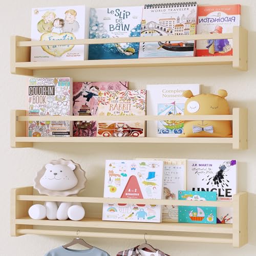 MXCSE Nursery Floating Bookshelf for Kids, Wall Mounted Kids Book Shelf with Toy Storage, Pine Wood Nursery Shelves for Playroom, Bedroom, Toddler Room, Set of 3 - color: Wooden, size: 16 In