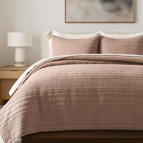 EVERGRACEHOME 100% Cotton Modern Lines Quilt Set Queen Size, Rose Dust | Pre-Washed Soft Cotton, Striped Coverlet Bedspread, 3 Piece Lightweight Bedding Set for All Season, with 2 Pillow Shams - color: Rose Dust, size: Full/Queen (92" X 92")