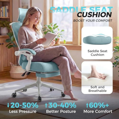 CYKOV Ergonomic Office Chair, Reclining, Footrest, Adjustable Lumbar, 350LB | 4-Way Headrest (4.72" + 60°), 2-Way Lumbar (2" + 1.18"), 90-135° Recline, Breathable Mesh, Gaming & Office, 5-Year Warranty - color: W-blue