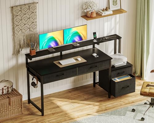 AODK Computer Desk with 4 Drawers, 55 Inch Office Desk with Printer Shelf & Built-in Power Outlet, Work Desk with Monitor Shelf for Home Small Spaces, Black - color: Black