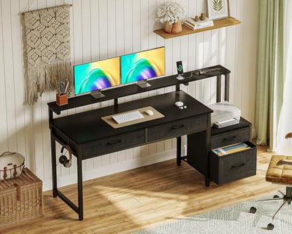 AODK Computer Desk with 4 Drawers, 55 Inch Office Desk with Printer Shelf & Built-in Power Outlet, Work Desk with Monitor Shelf for Home Small Spaces, Black - color: Black