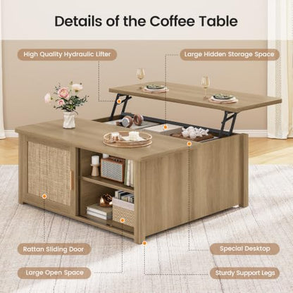 SEDETA 31.5" Lift Top Coffee Table with Storage, Square Coffee Tables for Living Room, Farmhouse Coffee Table with Large Hidden Storage Compartment and Adjustable Shelves, Rattan Oak - color: Rattan Oak