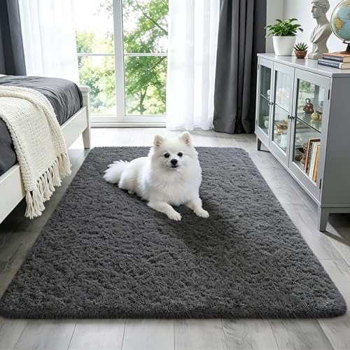 Ophanie Washable 3x5 Area Rug, Bedside Preppy Dorm Rug, College Essentials Non Slip Grey Small Carpets for Bedroom, Anti Slip Fluffy Gray Living Room, Home Decor Aesthetic, Nursery - color: 1- Grey, size: 3' x 5' (Rectangular)