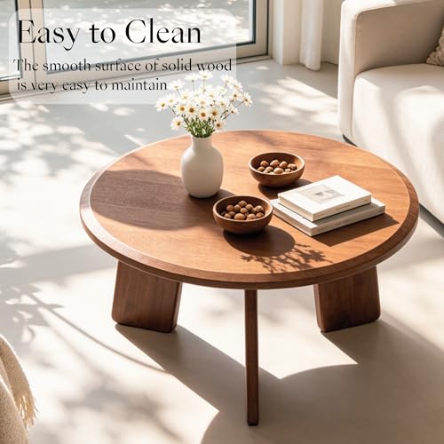 32" Round Coffee Table for Living Room, Wood Coffee Table with Solid Wood Legs, Small Center Table for Apartment, Modern Rustic Circle Coffee Table, Easy Assembly, Walnut - color: Circle, Walnut