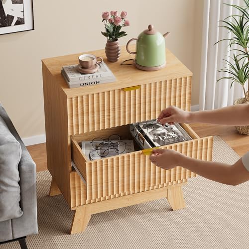 Fluted Nightstand with 3 Large Drawers, Wooden Side End Table with Elevated Legs for Easy Cleaning, Sturdy Modern Beside Table for Small Space, Bedroom, Oak, 24" L - color: Natural Oak
