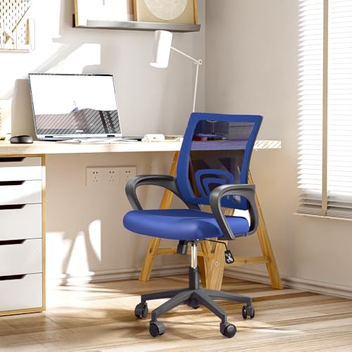 Office Chair, Ergonomic Mid-Back Mesh Desk Chair with Lumbar Support, Adjustable Height Computer Chair with Rolling Wheels Design,Comfy Armrest for Work, Study, Gaming, Navy Blue - color: Navy Blue