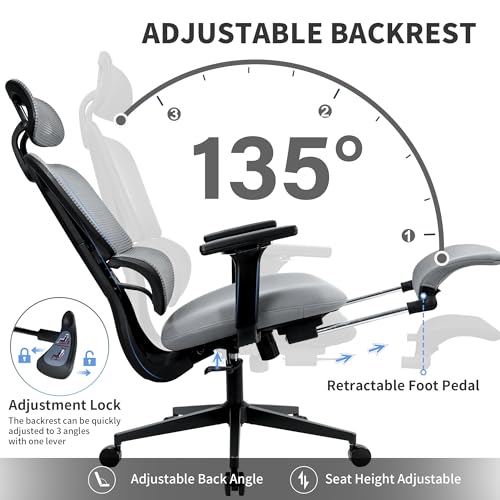 Ergonomic Office Chair with Footrest, 90-135° Reclining High Back Desk Chair with Lumbar Support, 2D Headrest, 4D Armrests, Computer Chair for Long Hours, Dark Grey - color: Dark Grey