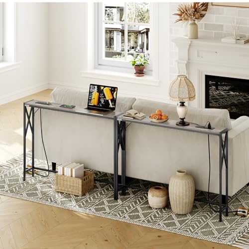 MAHANCRIS 5.9" Narrow Sofa Table with Charging Station, 39.4 Behind Couch Table with Outlet, Slim Entryway Console Table, Small Space, for Hallway, Living Room, Foyer, Greige CTHG151E01 - color: Greige, Black