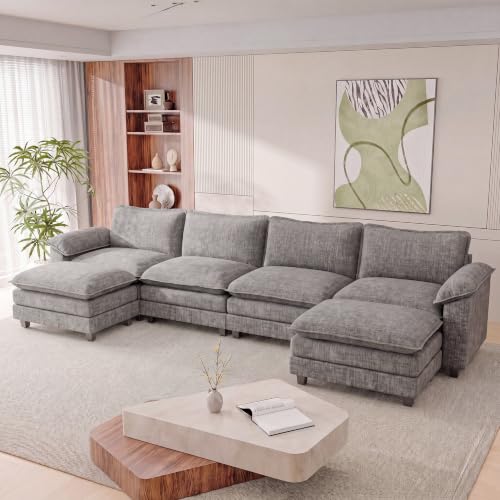 Homall 158.6" U-Shaped Cloud Couch, Modular Sectional Sofa for Living Room | Soft Chenille, 2 Movable Ottoman, Double Layer Cushion, 4 Seat, Sturdy Frame, High-Density Foam, Easy Assembly, Light Grey - color: Light Grey, size: U Shaped Sofa