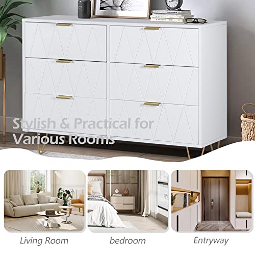 Anbuy White 6 Drawer Dresser for Bedroom Large, Double Dresser with Wide Drawers and Gold Handles, Chest of Drawers - color: White, size: 13.4"D x 47.54"W x 28.73"H(6 Drawers)