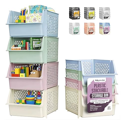 Skywin Stackable Storage Bins Open Front for Pantry Storage, 4 Pack - Multi | Sturdy Plastic, Easy Stacking, Open Front Access, Ventilated Sides, Vertical & Space Saving Pantry Organizers and Storage Bin - color: MultiColor, size: 4 Pack
