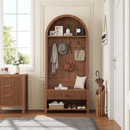 70.86-inch Entryway Hall Tree, Farmhouse-Style Wooden Coat Rack Freestanding, Entryway Organizer with Four Hooks, Standing Shoe Rack with Bench for Hallways, Foyers, and Living Rooms, Walnut - color: Walnut