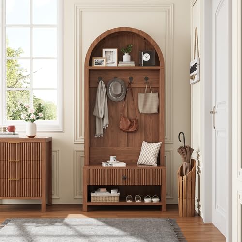 70.86-inch Entryway Hall Tree, Farmhouse-Style Wooden Coat Rack Freestanding, Entryway Organizer with Four Hooks, Standing Shoe Rack with Bench for Hallways, Foyers, and Living Rooms, Walnut - color: Walnut